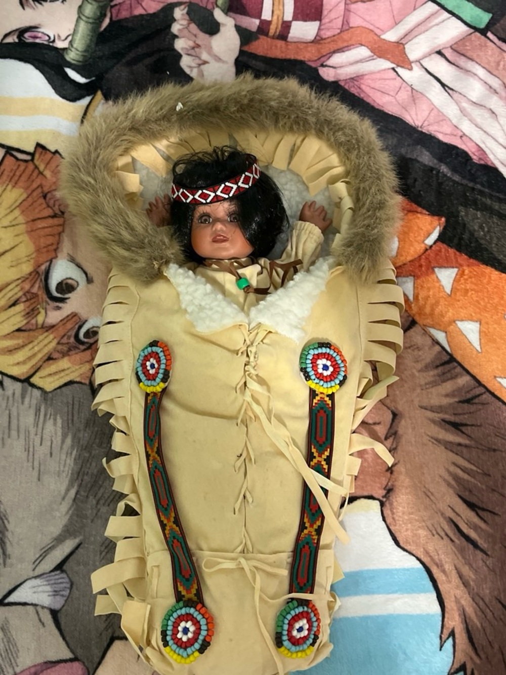 Beige Faux-Leather Fringe Doll Sleeping Bag with Fur-Trim Hood